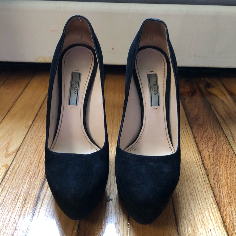 Black Prada suede platform pumps